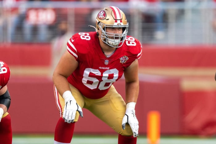 August 14, 2021; Santa Clara, California, USA; San Francisco 49ers offensive tackle Colton McKivitz (68) during the first quarter against the Kansas City Chiefs at Levi's Stadium.